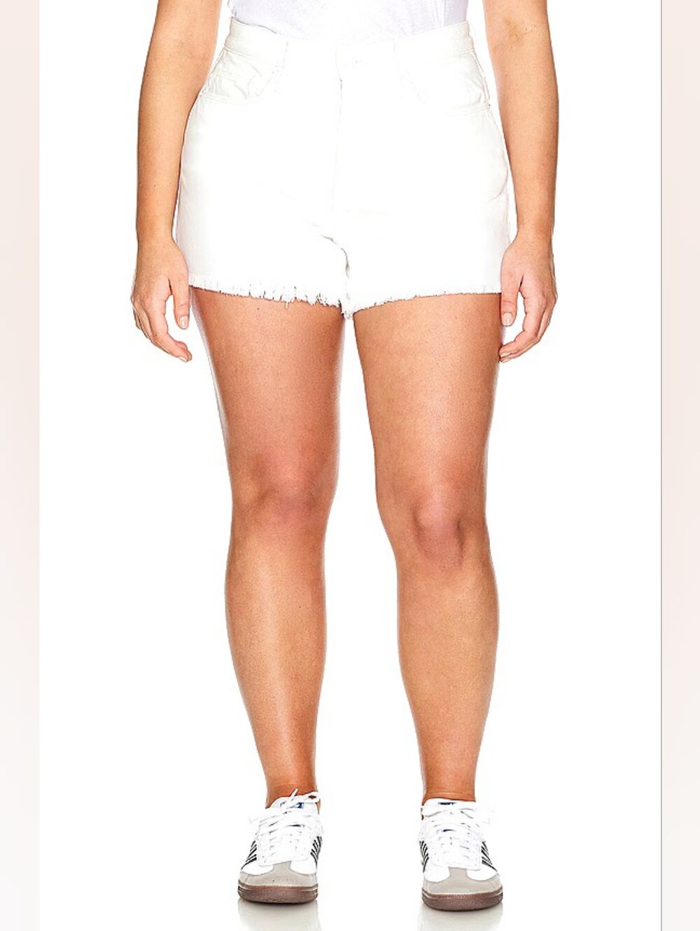 Good American Good '90s Distressed White Stretch Denim Shorts w/ Frayed Hem, 16